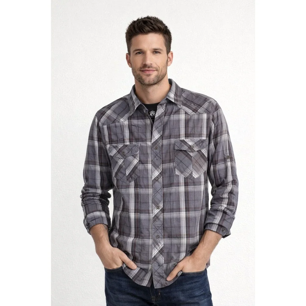 Rock & Republic Mens Medium Grey Plaid Western Roll Tab Sleeve Button Down Shirt